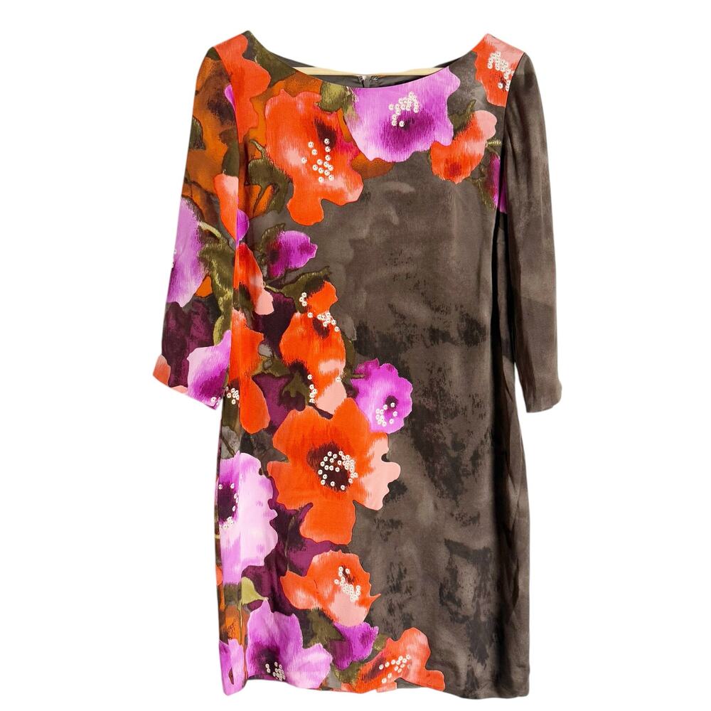 St. John Brown Silk Floral Print 3/4 Sleeve Boat Neck Shift Resort Dress Size 8